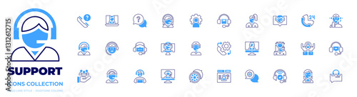 Support icon collection. Bold line style. Duotone colors. help, support, question, admin, hours support, customer service agent, online support, chat