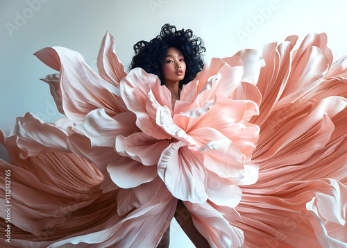 Fashion editorial Concept. Curly hair girl of high fashion couture tulle flowing conceptual and pleats petal like peach pink bridal angel dress. dynamic composition lighting. copy text space	
