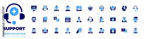 Support icon collection. Bold style. Duotone colors. client support, hours support, online support, question, call center, telemarketer, support