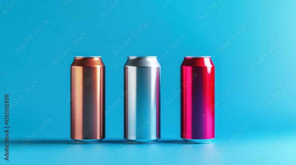 Three aluminum beverage cans for soda, beer, energy drinks, arranged in creative composition on vibrant blue background. Mockup. Ideal for branding and product placement with focus on minimalism Three aluminum beverage cans for soda, beer, energy drinks, arranged in creative composition on vibrant blue background. Mockup. Ideal for branding and product placement with focus on minimalism