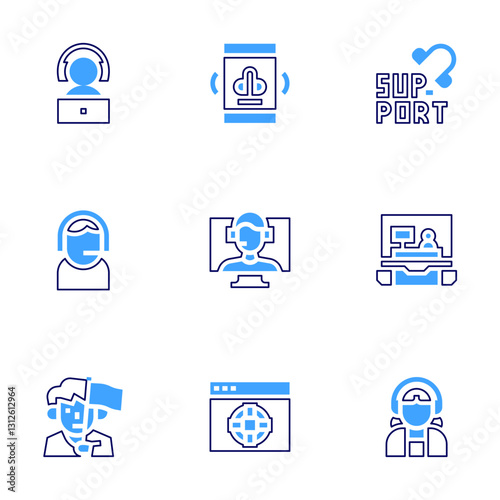 Support icon set. Bold line style. Duotone colors. Editable stroke. online support, help desk, support, digital assistant, supporter, customer support