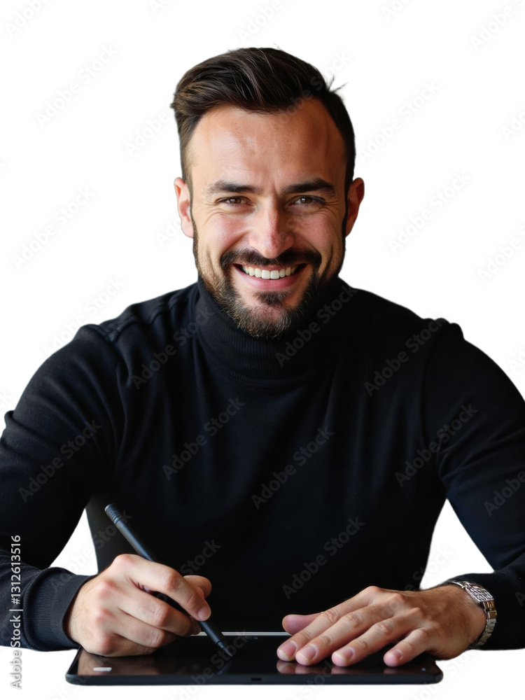 A man, smiling, with a black beard, wearing glasses and a watch, holding a black pen and looking at a black tablet. Isolated on white or transparent png. A man, smiling, with a black beard, wearing glasses and a watch, holding a black pen and looking at a black tablet. Isolated on white or transparent png.
