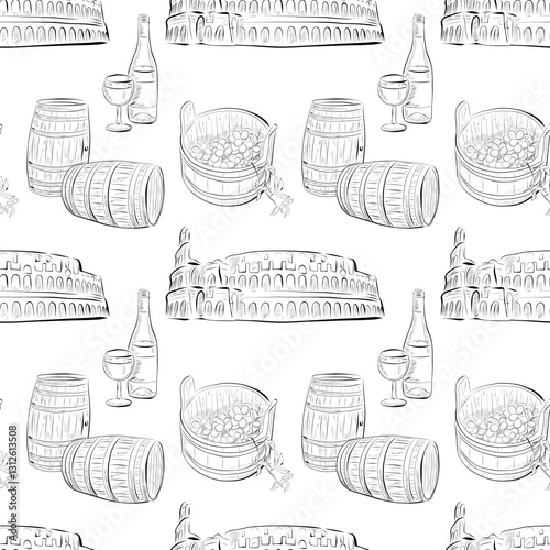 vector seamless pattern line art elements - food, Italian Colosseum, wine, grapes, barrels