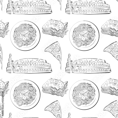 vector seamless pattern line art elements - food, Italian Colosseum, Pasta, Lasagne, Pizza