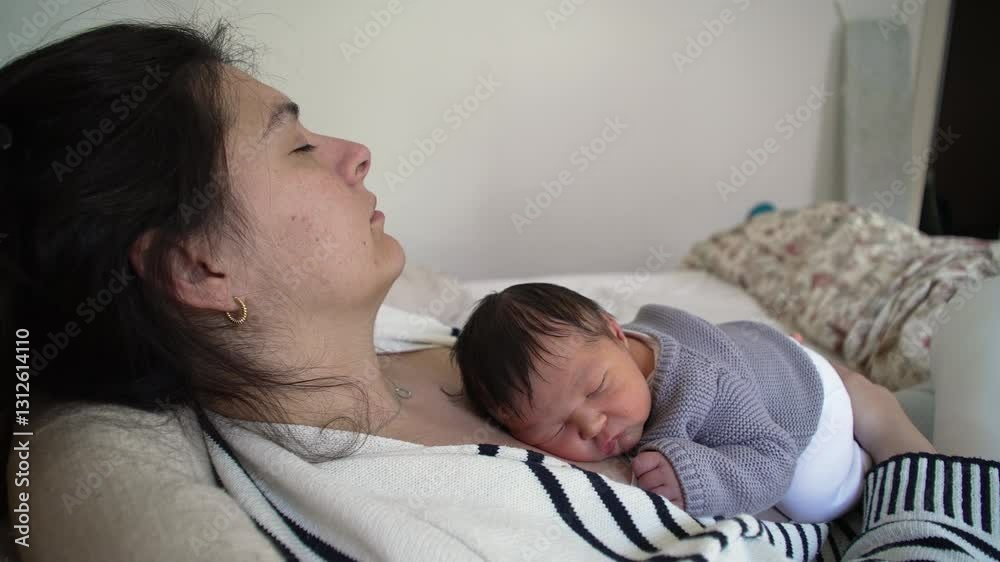Exhausted mother asleep while holding newborn baby resting on mother's chest in deep sleep slumber, maternal bonding moment between infant and parent during first day life Exhausted mother asleep while holding newborn baby resting on mother's chest in deep sleep slumber, maternal bonding moment between infant and parent during first day life