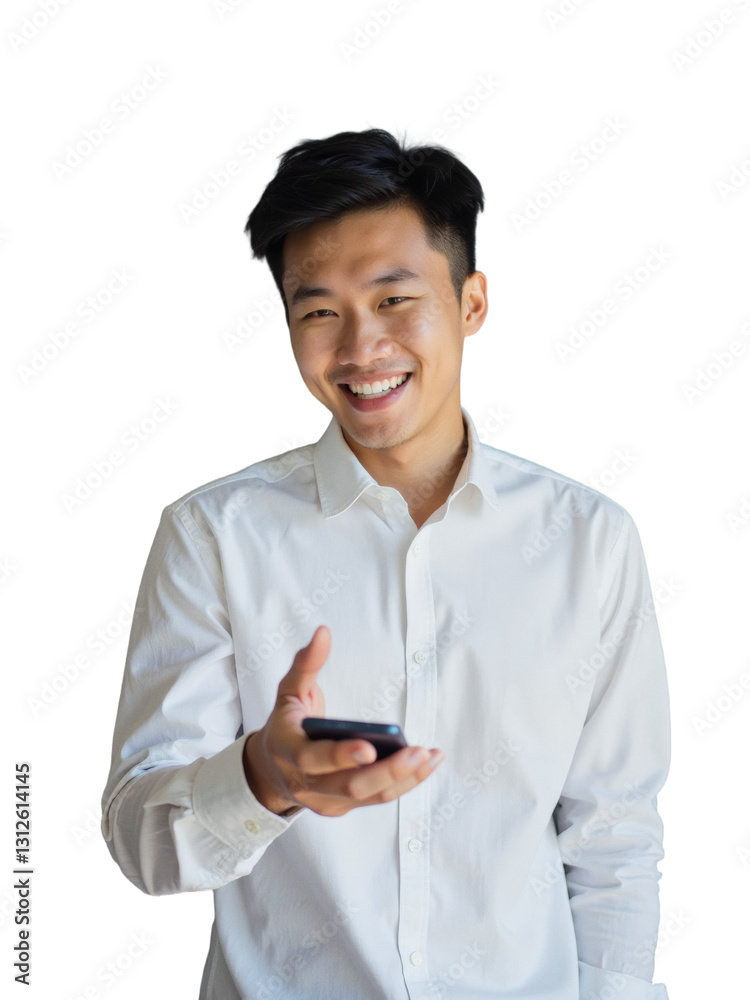 Person holding phone with smile Isolated on white or transparent png.