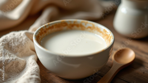Creamy white liquid in a bowl with brown residue around its rim, on a wooden surface with a cloth and utensils.