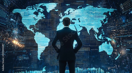 Business mogul standing in front of a digital world map planning international expansions photo