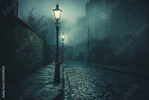 Misty Cobblestone Lane at Night - A dimly lit cobblestone street on a foggy night, gas lamps casting a warm glow on the ancient stone walls