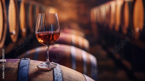 A filled wine glass sitting on top of a wooden barrel