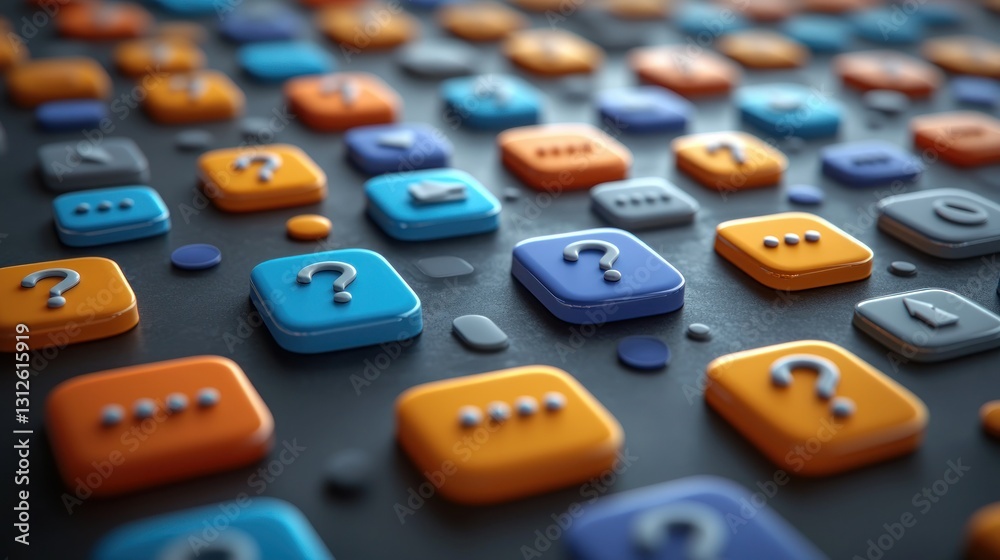 Many colorful icons with question marks and conversation symbols arranged neatly Many colorful icons with question marks and conversation symbols arranged neatly