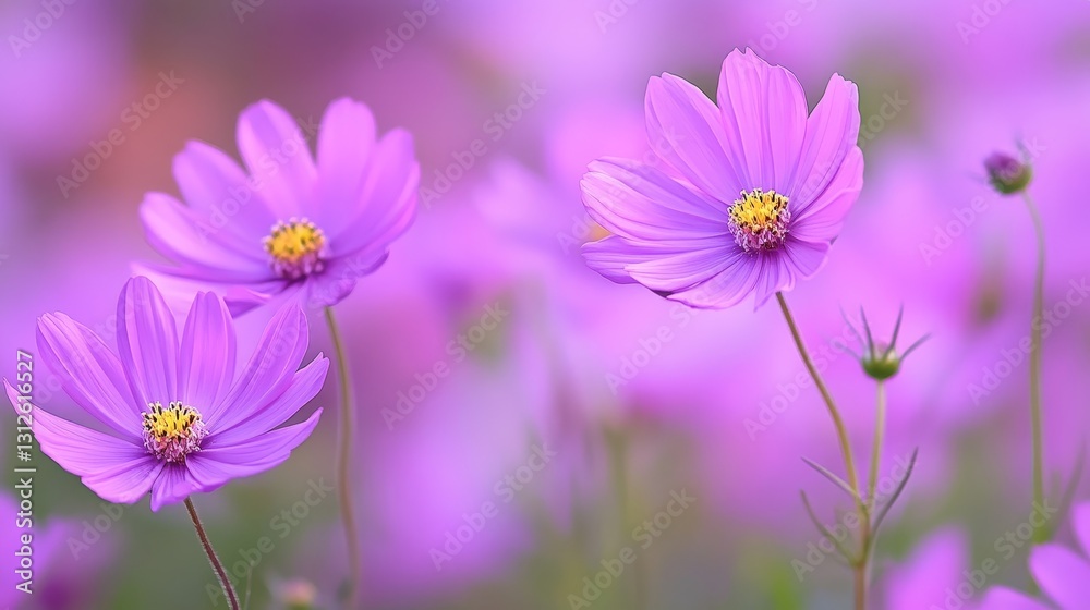 Vibrant purple flowers blooming in a serene garden, creating a peaceful and colorful atmosphere Vibrant purple flowers blooming in a serene garden, creating a peaceful and colorful atmosphere