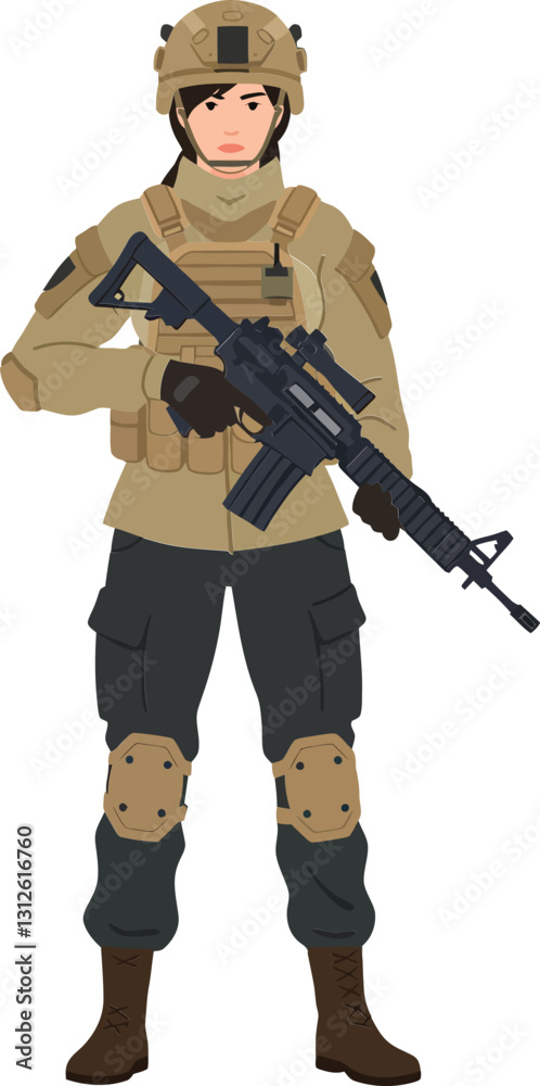 Soldier in tactical gear holding a rifle, standing confidently in a flat design style, showcasing strength and determination, vector art Soldier in tactical gear holding a rifle, standing confidently in a flat design style, showcasing strength and determination, vector art