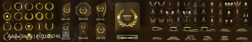 Set of glass award trophy with laurel wreath. Transparent prize template with golden laurel branches. Winner first place concept. Vector illustration. Golden Stage Spotlights Royal Awards Graphics