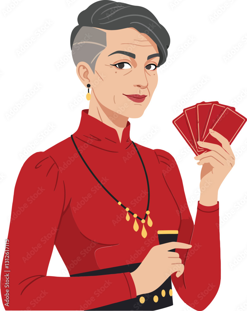 Fototapeta premium Confident woman in a red dress holding playing cards in a flat design style vector illustration