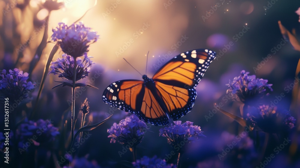 Obraz premium Monarch Butterfly Sunset Meadow - A monarch butterfly rests on purple flowers at sunset. Symbolizing transformation, beauty, nature, peace, and freedom