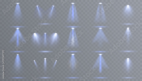 A large collection of stage lighting spotlights with powerful blue light effects. Vector illustration featuring studio lighting, projector beams, and realistic stage illumination.