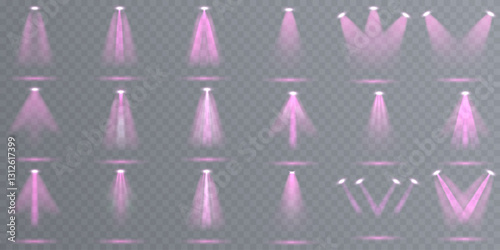 Stage spotlight with realistic glowing beams and dramatic light effects. Vector illustration featuring studio lighting, concert spotlights, and focused illuminated rays. The transparent background