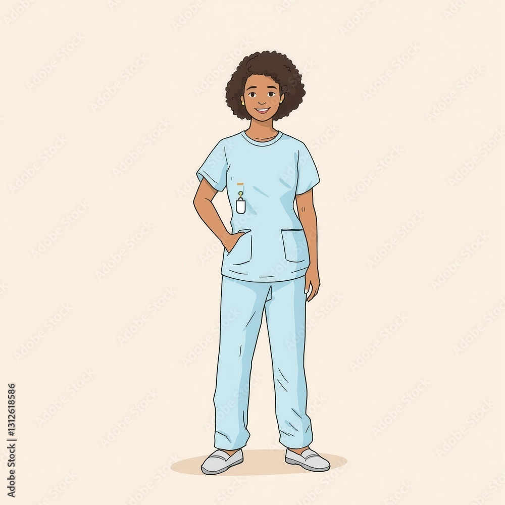 A woman in a blue scrubs is standing in front of a white background A woman in a blue scrubs is standing in front of a white background