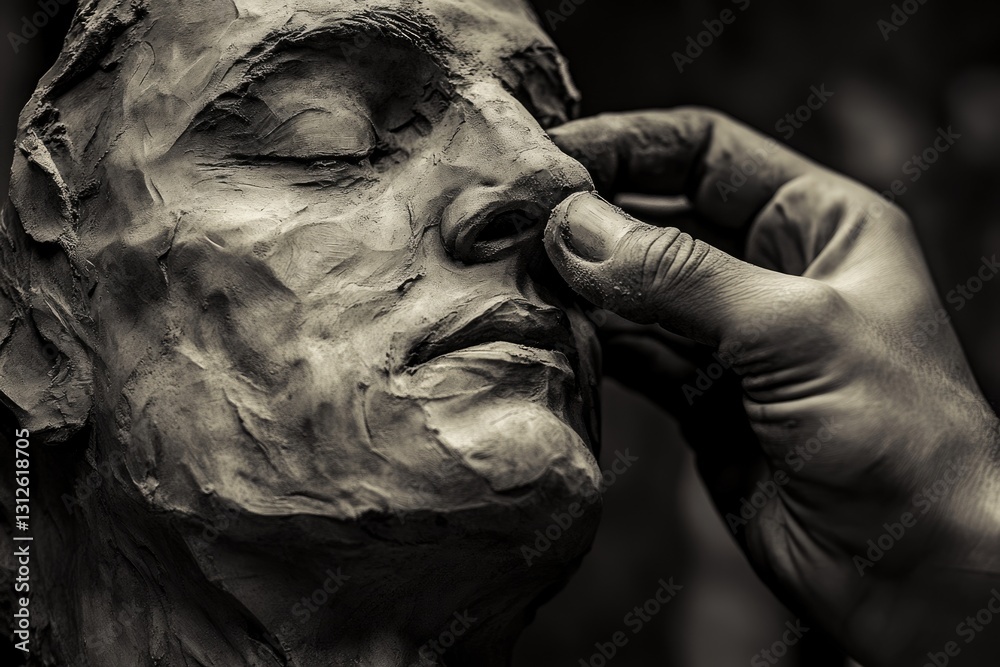 A sculptor's hand carefully refines the clay features of a human face, bringing the artwork to life. A sculptor's hand carefully refines the clay features of a human face, bringing the artwork to life.