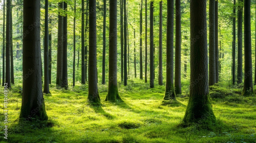 Lush Green Forest with Tall Trees and Sunlight Filtering Through Leaves, Creating a Serene Atmosphere Lush Green Forest with Tall Trees and Sunlight Filtering Through Leaves, Creating a Serene Atmosphere