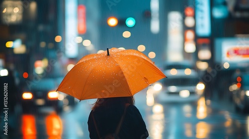 Wallpaper Mural Person holding umbrella walking through a rainy city at night Torontodigital.ca