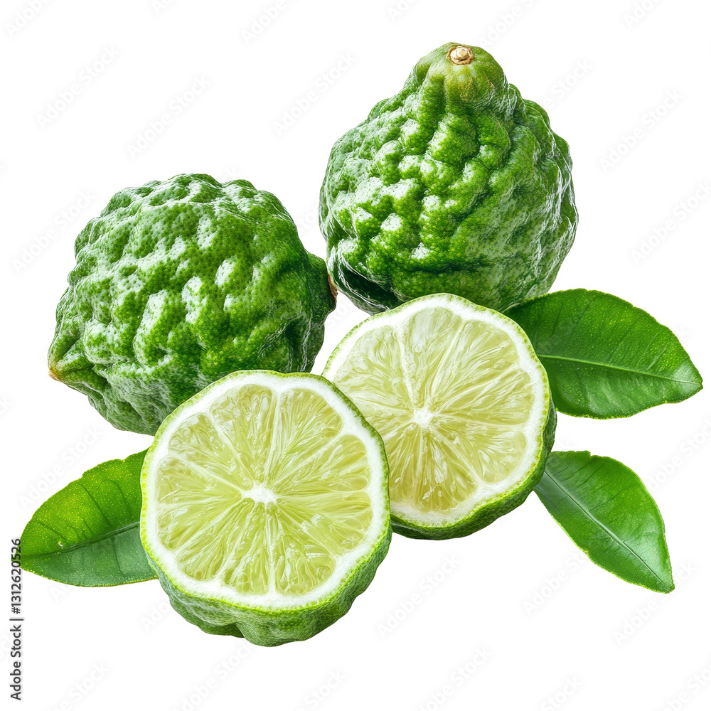 Bergamot limes with fresh cut sections on a clean transparent background, Bergamot or Thai lime lime fruit on transparent background Bergamot limes with fresh cut sections on a clean transparent background, Bergamot or Thai lime lime fruit on transparent background