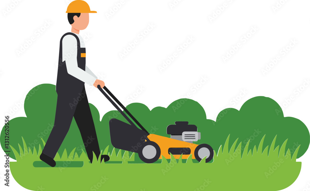 A man in work attire mowing a lush green lawn with a push mower in a flat design vector illustration