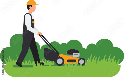 Obraz na płótnie A man in work attire mowing a lush green lawn with a push mower in a flat design vector illustration w salonie