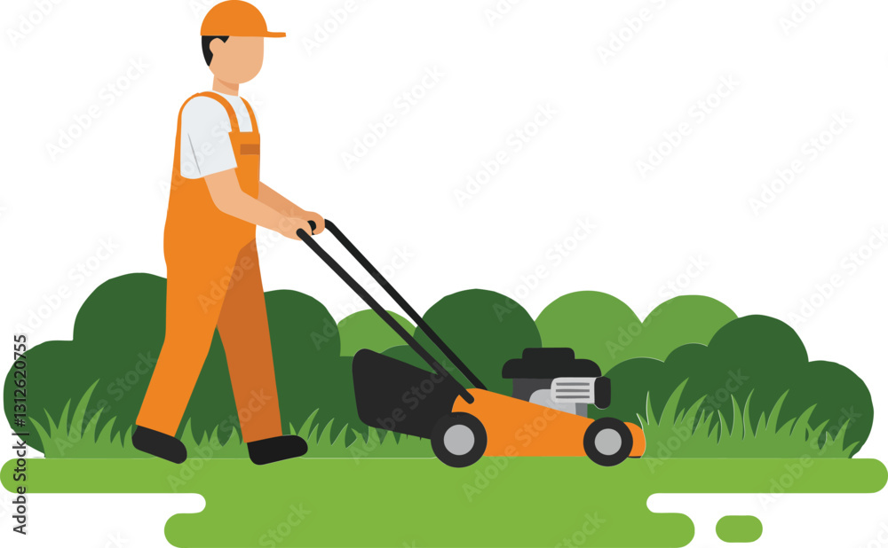 Gardener in orange overalls mowing green grass with a lawn mower in a minimal and clean vector illustration