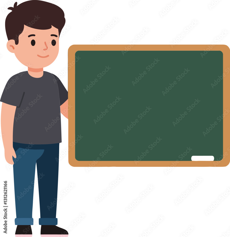 Young boy standing beside a green chalkboard in a flat, minimal style vector illustration, showcasing an educational setting with a cheerful atmosphere Young boy standing beside a green chalkboard in a flat, minimal style vector illustration, showcasing an educational setting with a cheerful atmosphere