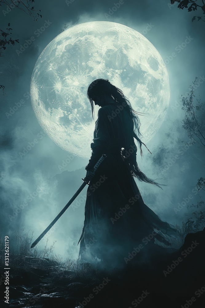 Obraz premium Solitary warrior moonlit landscape serene sword