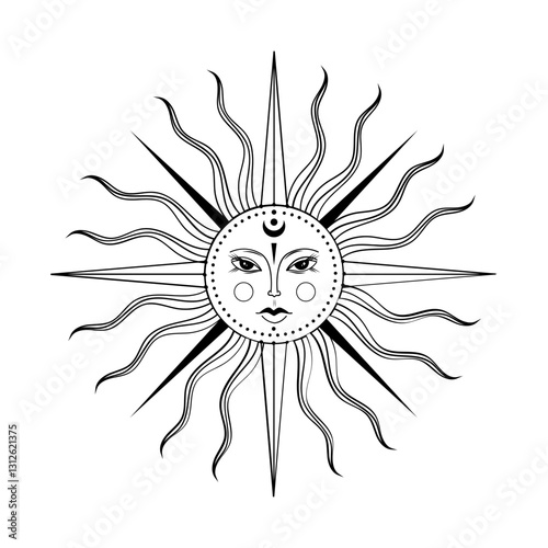 Celestial sun illustration with intricate patterns and a serene face reflecting harmony and light