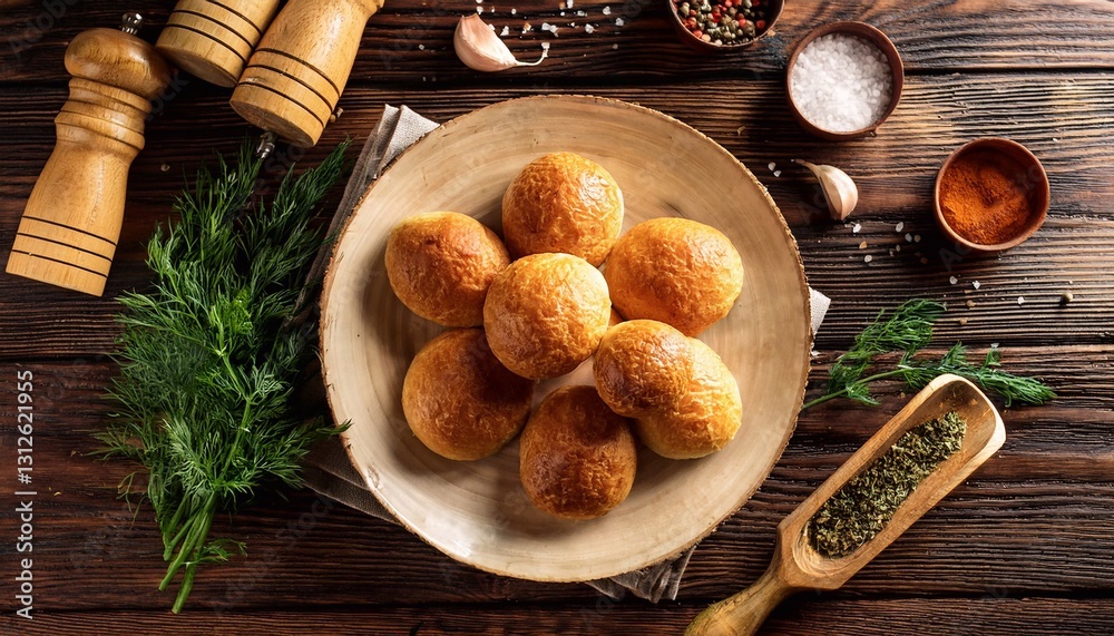 Freshly baked buns with herbs and spices on rustic wooden table Freshly baked buns with herbs and spices on rustic wooden table