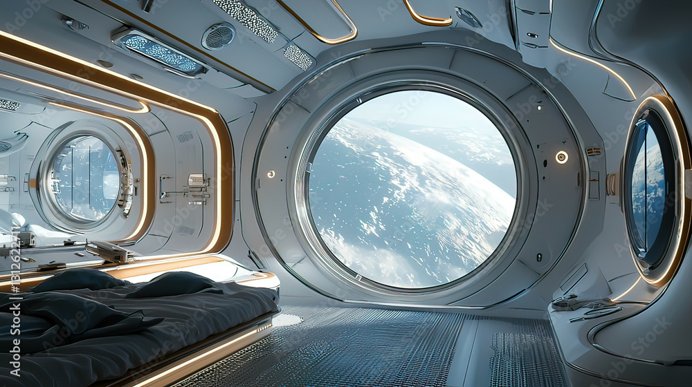 Concept of a space station with large observation windows, interconnected modules, and research facilities orbiting a distant star