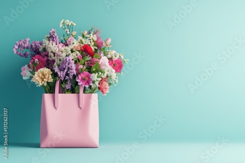 Wallpaper Mural Colorful Bouquet of Fresh Flowers in Pink Shopping Bag on Bright Teal Background Torontodigital.ca