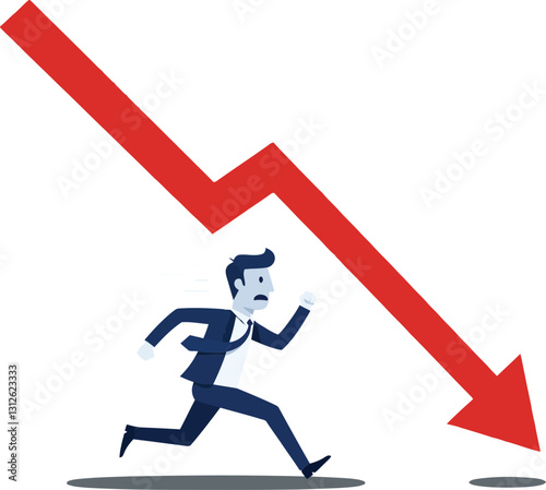 Businessman in a suit running away from a downward trend arrow in a flat vector illustration depicting urgency and concern over financial loss