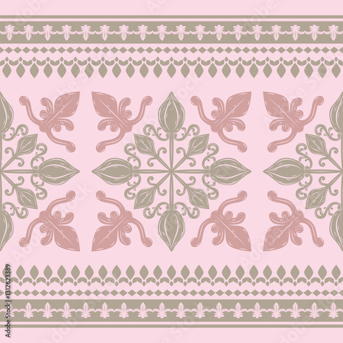 Brilliant Gorgeous Honor Gentle Scroll Ornament Geometric Rim Luxury Rich Silk Weaves on Pink Background. Beautiful Ancient Legacy Traditional Border Pattern. Old Rose Gold Decoration Embroidery Lace.