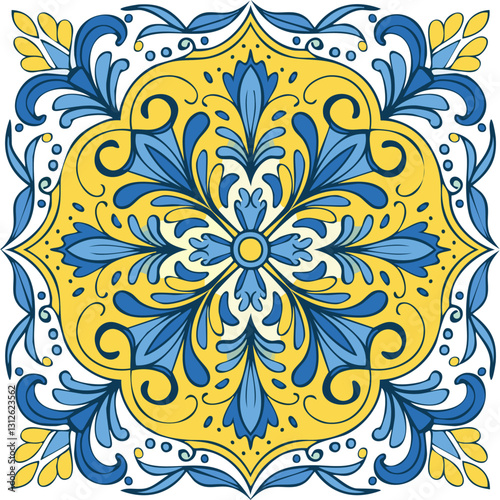 Traditional Azulejo ceramic tiles. Vector Italian print for fabric and wallpaper. Sicilian majolica in blue and yellow colors. Mediterranean style ornament.