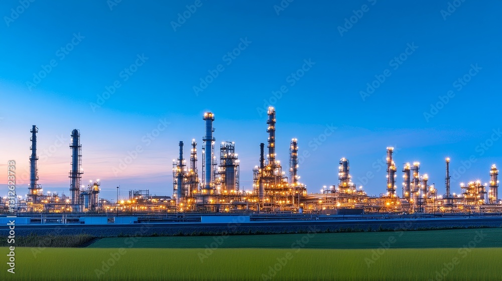 Obraz premium Industrial skyline at dusk showcasing illuminated refinery structures against a serene background