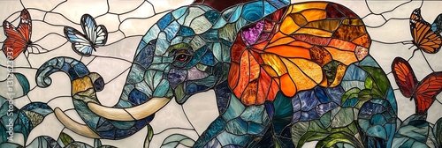 Stained Glass Elephant with Butterflies - A vibrant stained glass artwork depicting an elephant's head adorned with colorful butterfly motifs. Intricate detailing and rich colors