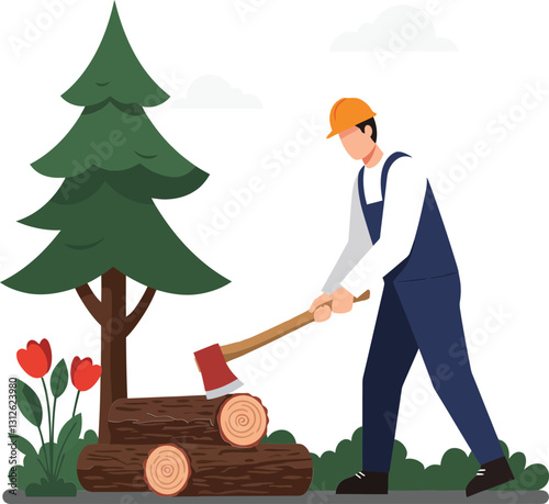 A lumberjack in blue overalls skillfully chopping logs near a tall green tree and blooming red tulips in a flat vector illustration