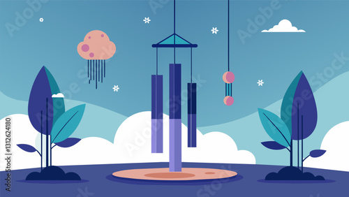 The sound of chimes fills the space inviting a sense of mindfulness and grounding in the present moment.. Vector illustration