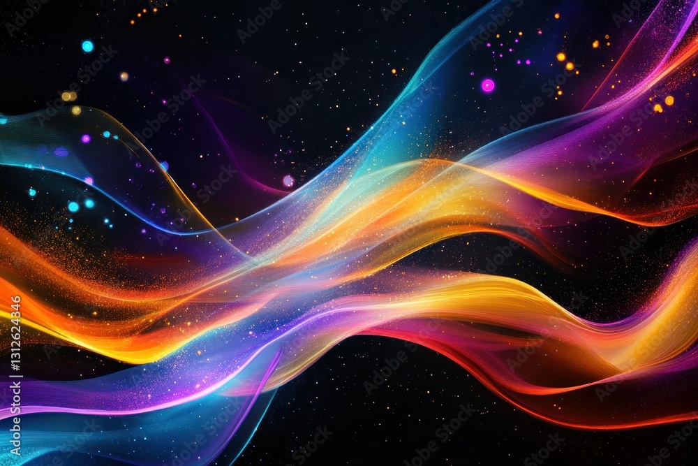 Obraz premium Colorful abstract waves with luminous particles on a dark background for artistic designs