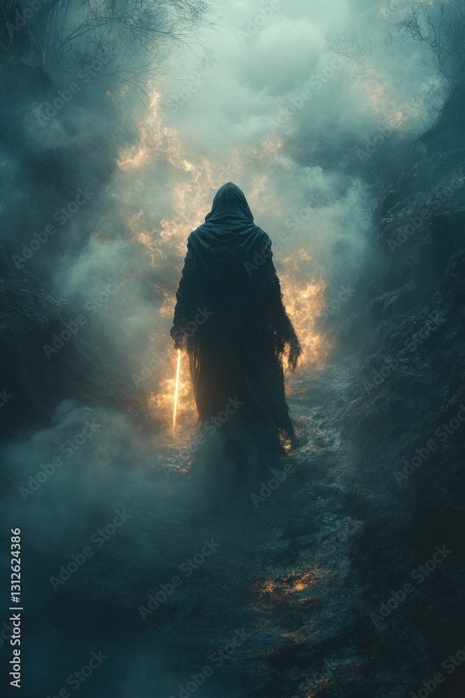 Obraz premium Hooded figure walks glowing path mystical forest