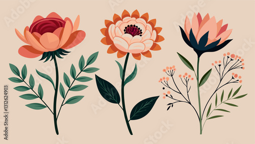  Scandi style doodle plants, leaves flowers and branches vector set. Illustration branch plant and flower silhouette