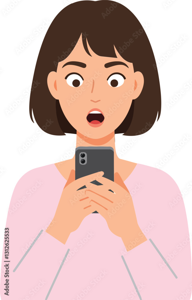 Surprised young woman with short brown hair looking at her smartphone in a flat and minimal vector illustration Surprised young woman with short brown hair looking at her smartphone in a flat and minimal vector illustration