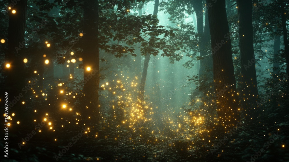 Fototapeta premium Magical lights of fireflies dancing in a dark and mystical forest generative ai