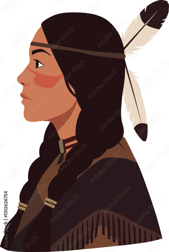 Native American woman in profile with traditional attire and feathers in hair, featuring a flat design style, showcasing cultural pride in vector art