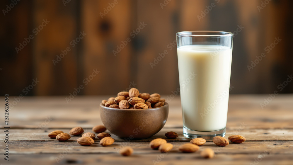 A glass of almond milk with almonds scattered around on a wooden surface. A glass of almond milk with almonds scattered around on a wooden surface.